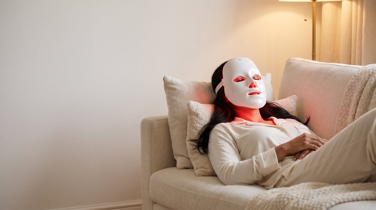Femme allongée sur un canapé portant le masque LED LumiMask en lumière rouge