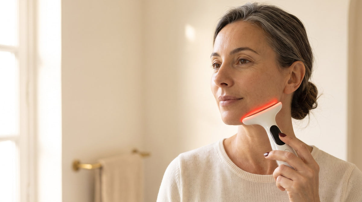 Femme utilisant l'appareil LusterLift le long de la mâchoire, salle de bain lumineuse