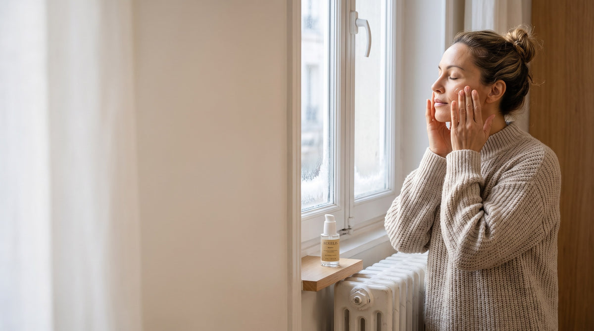 Femme appliquant Nimbea près d'une fenêtre un matin d'hiver