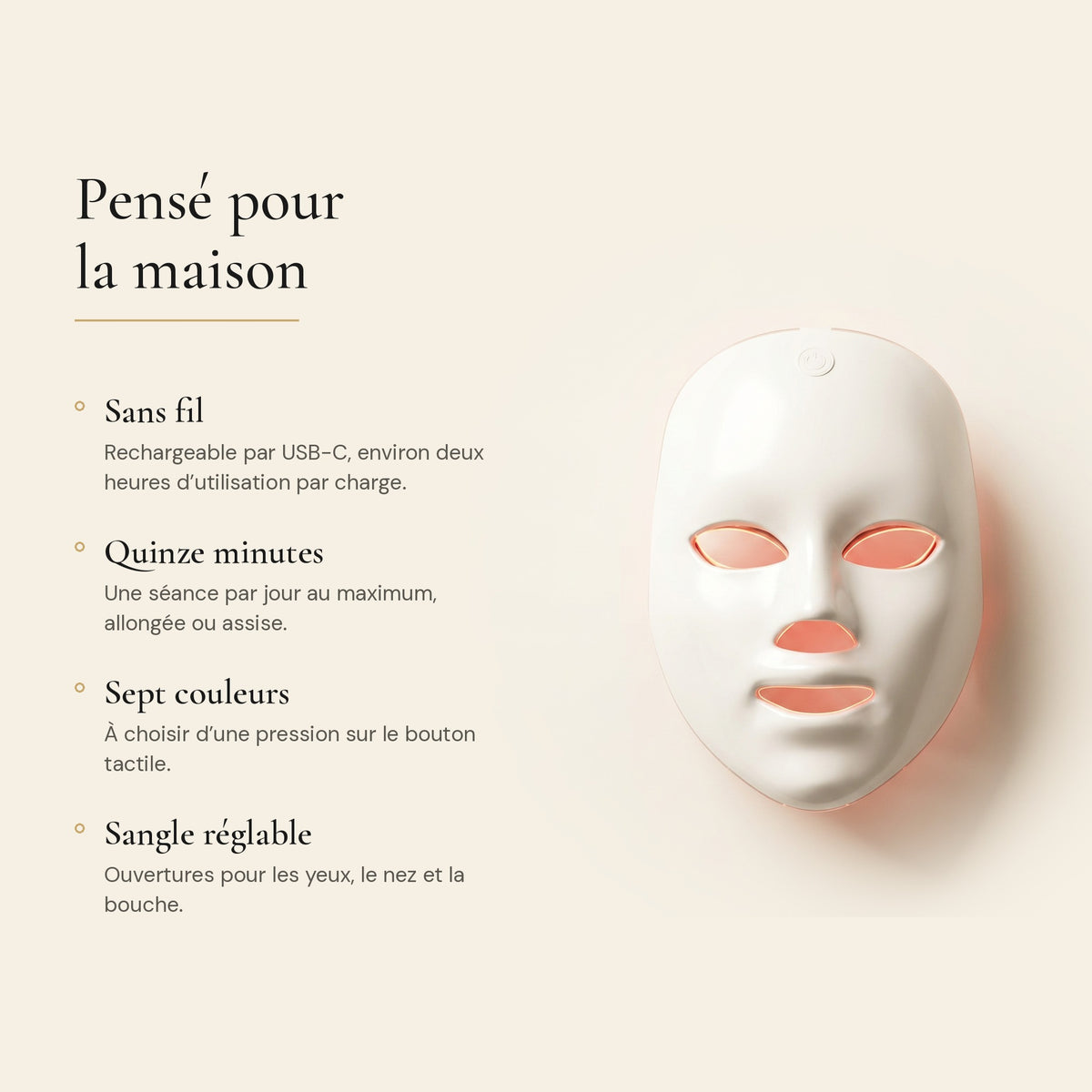 LumiMask : sans fil, quinze minutes, sept couleurs, sangle réglable