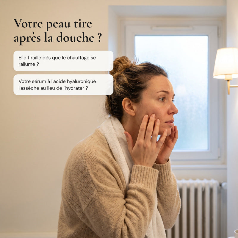 Femme dans sa salle de bain en hiver, la peau qui tire après la douche