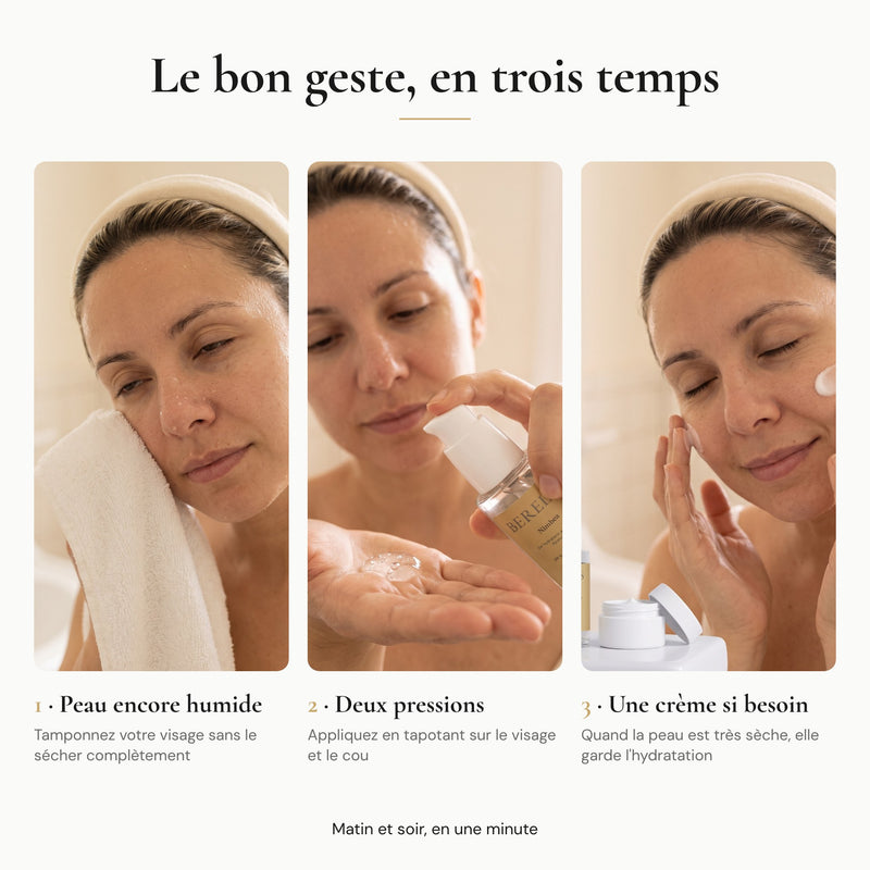 Le bon geste Nimbea en trois temps : peau encore humide, deux pressions, une crème si besoin