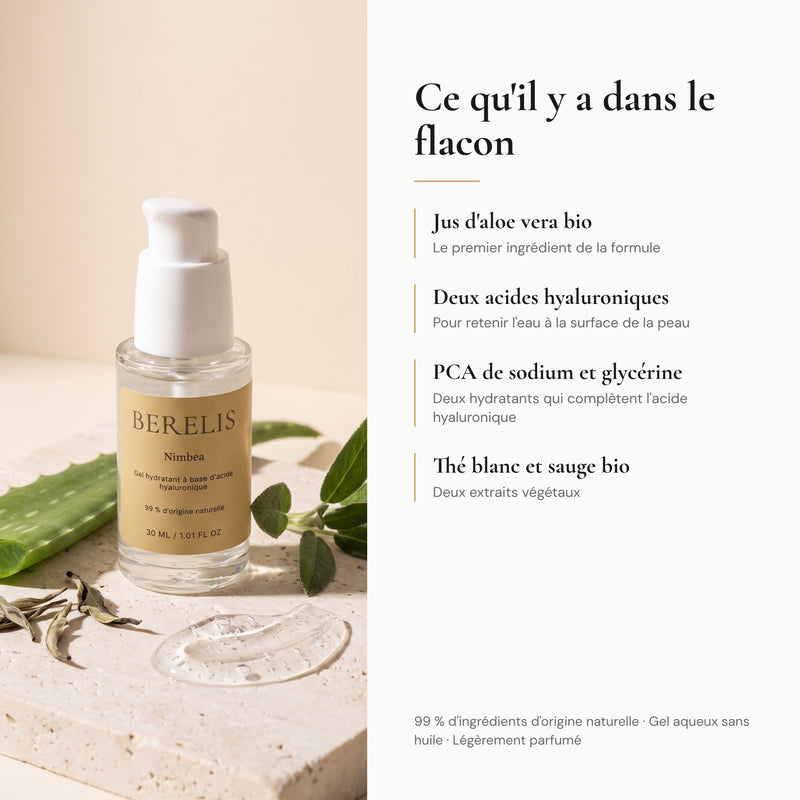 Composition de Nimbea : aloe vera bio, deux acides hyaluroniques, PCA de sodium, glycérine, thé blanc et sauge