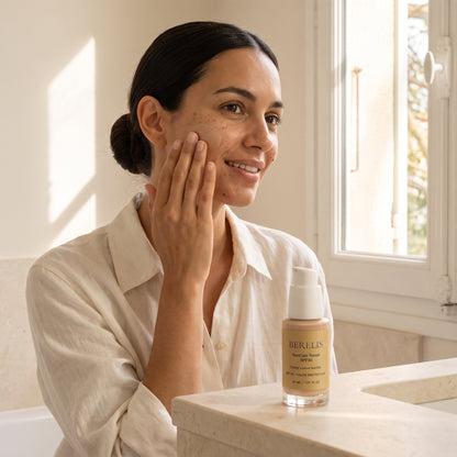 Application du SunCare Teinté SPF30 sur le visage, voile teinté fondu