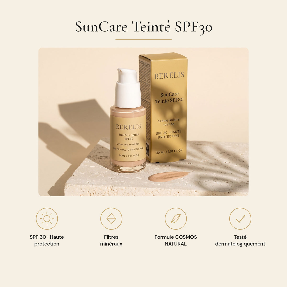 SunCare Teinté SPF30 : haute protection, filtres minéraux, formule certifiée COSMOS NATURAL, testé dermatologiquement