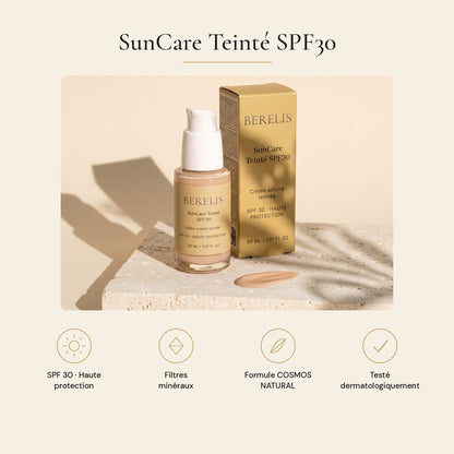 SunCare Teinté SPF30 : haute protection, filtres minéraux, formule certifiée COSMOS NATURAL, testé dermatologiquement