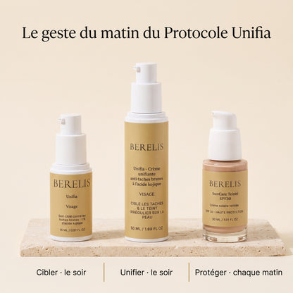 Protocole BERELIS : Unifia puis SunCare Teinté SPF30