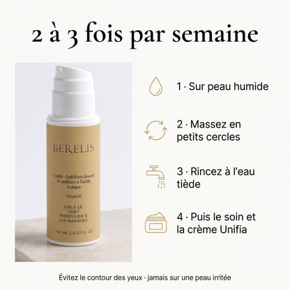 Mode d'emploi de l'exfoliant Unifia, 2 à 3 fois par semaine
