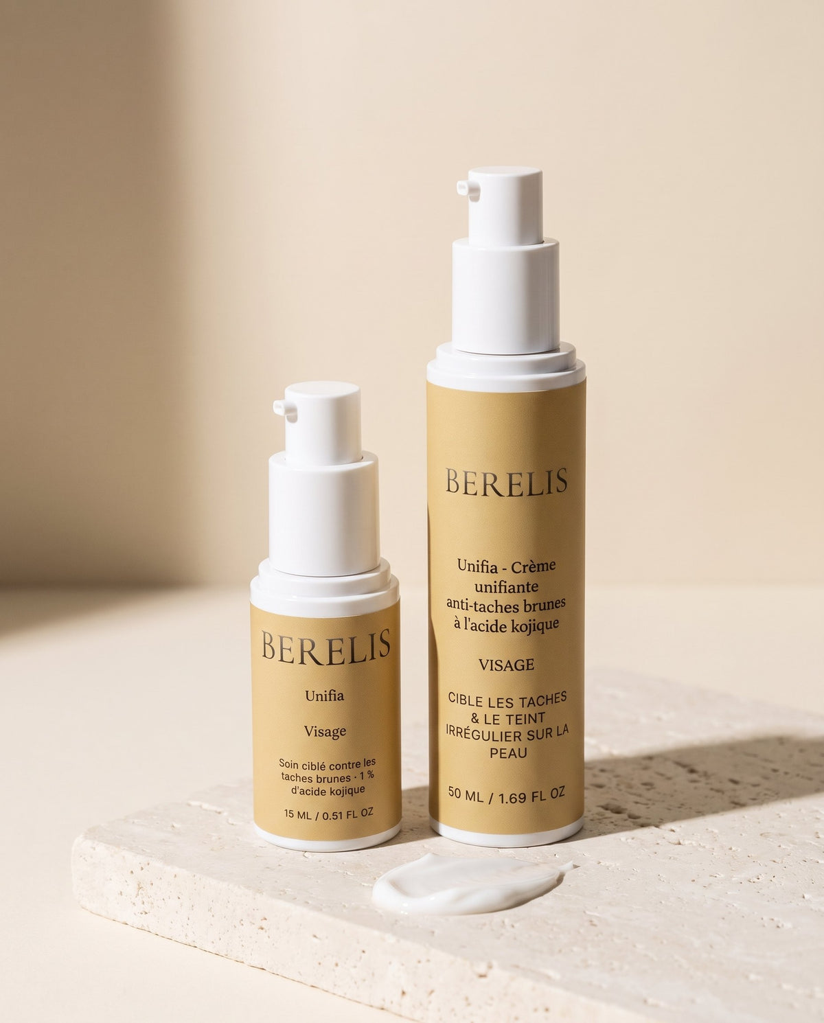 Le Protocole Unifia : soin ciblé 15 ml et crème visage 50 ml sur une pierre claire
