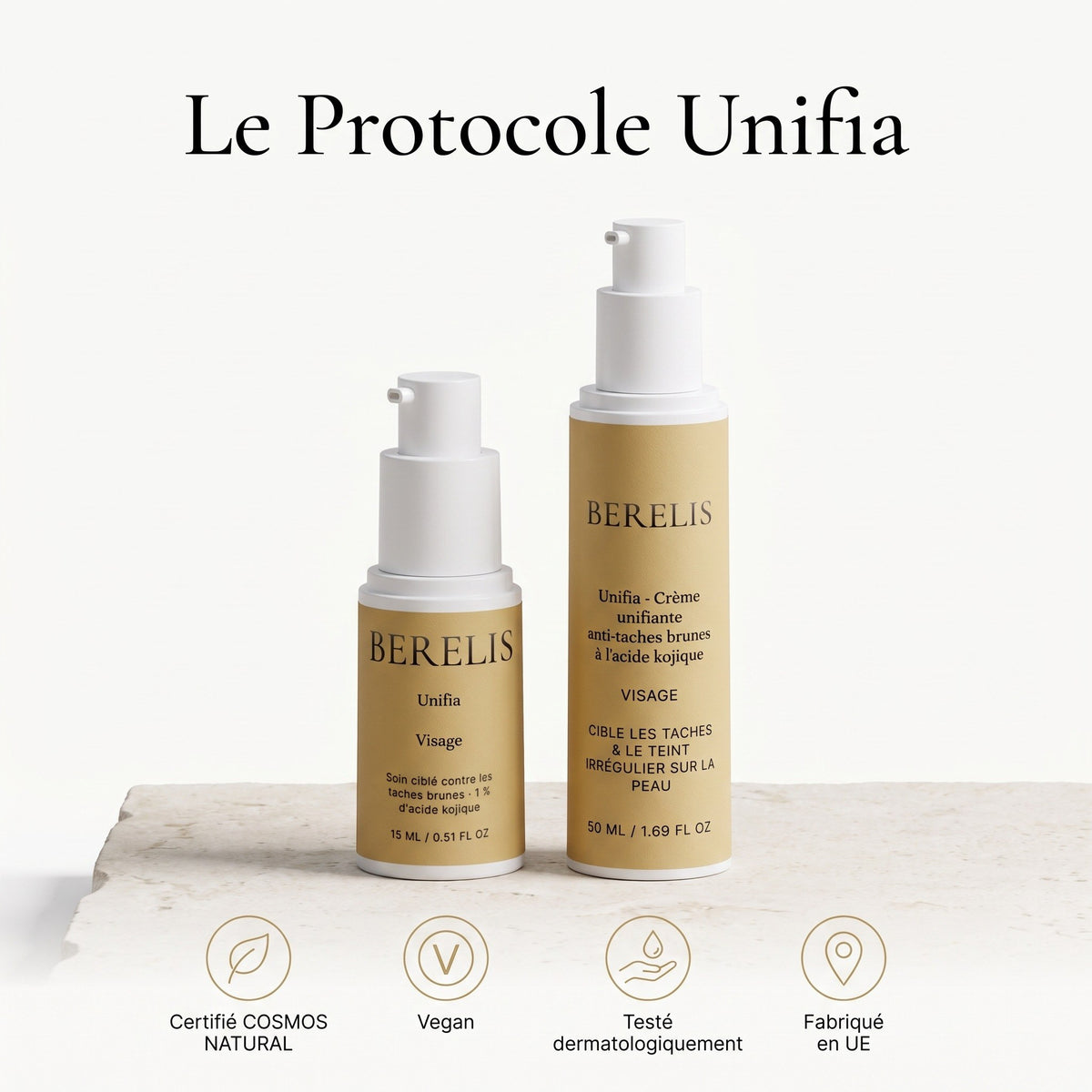 Le Protocole Unifia : soin ciblé et crème visage, certifiés COSMOS NATURAL, vegan, testés dermatologiquement, fabriqués en UE