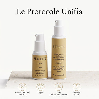 Le Protocole Unifia : soin ciblé et crème visage, certifiés COSMOS NATURAL, vegan, testés dermatologiquement, fabriqués en UE