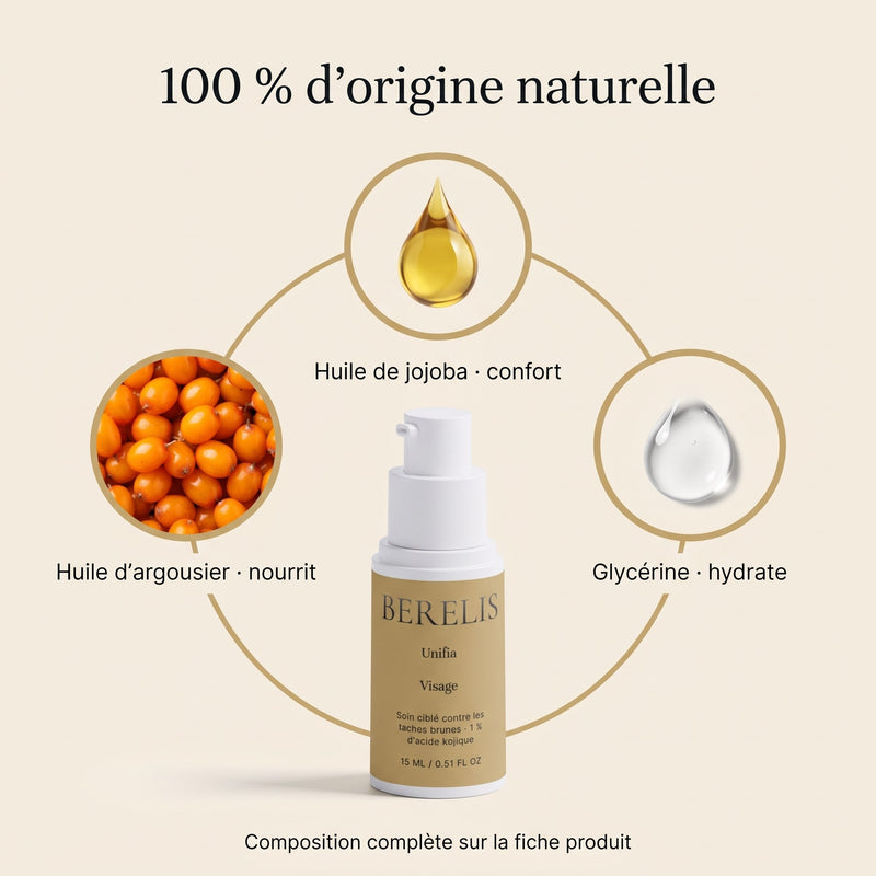 Soin ciblé Unifia 100 % d'origine naturelle : huile d'argousier, huile de jojoba, glycérine
